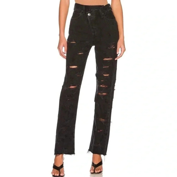 NWT AGOLDE Criss Cross Straight Jeans High Rise Distressed in Black Feverish - Picture 1 of 15